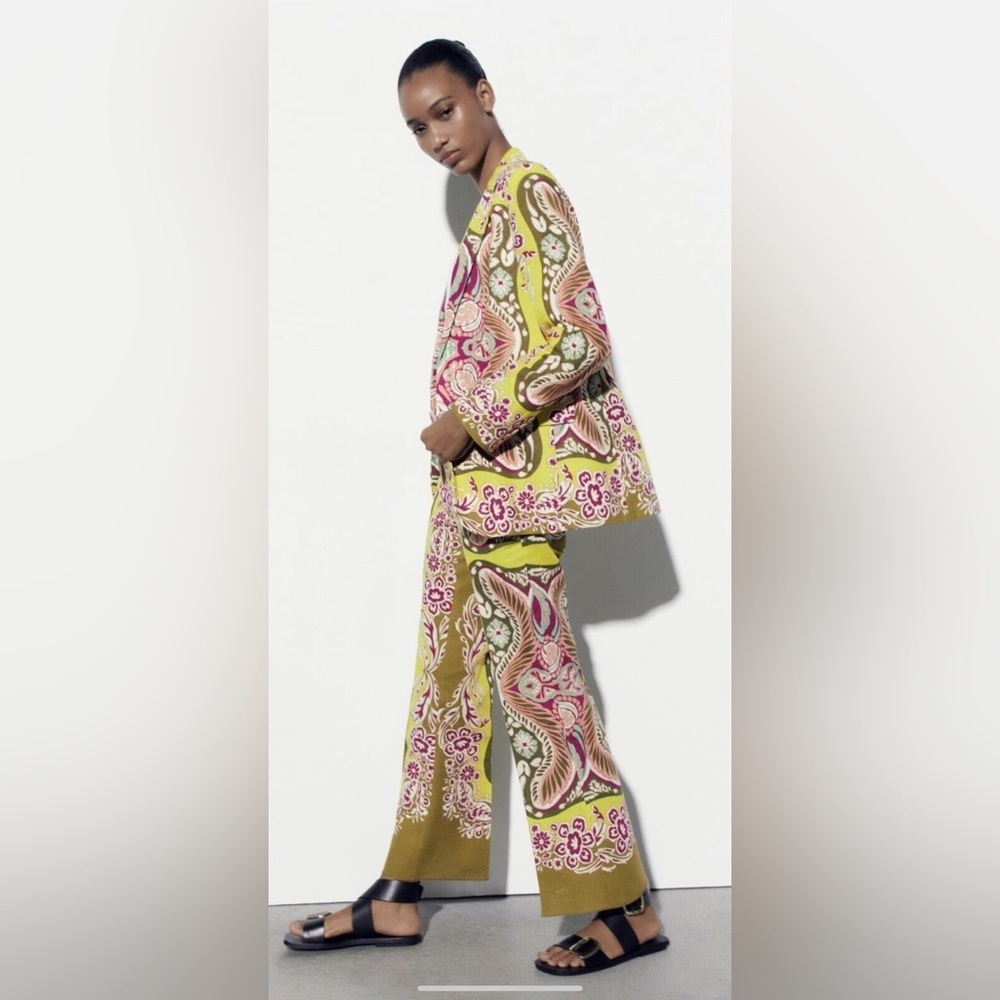 NWT Zara Crop Flare Linen Blend Pants Khaki Multi color XS - Picture 3 of 5